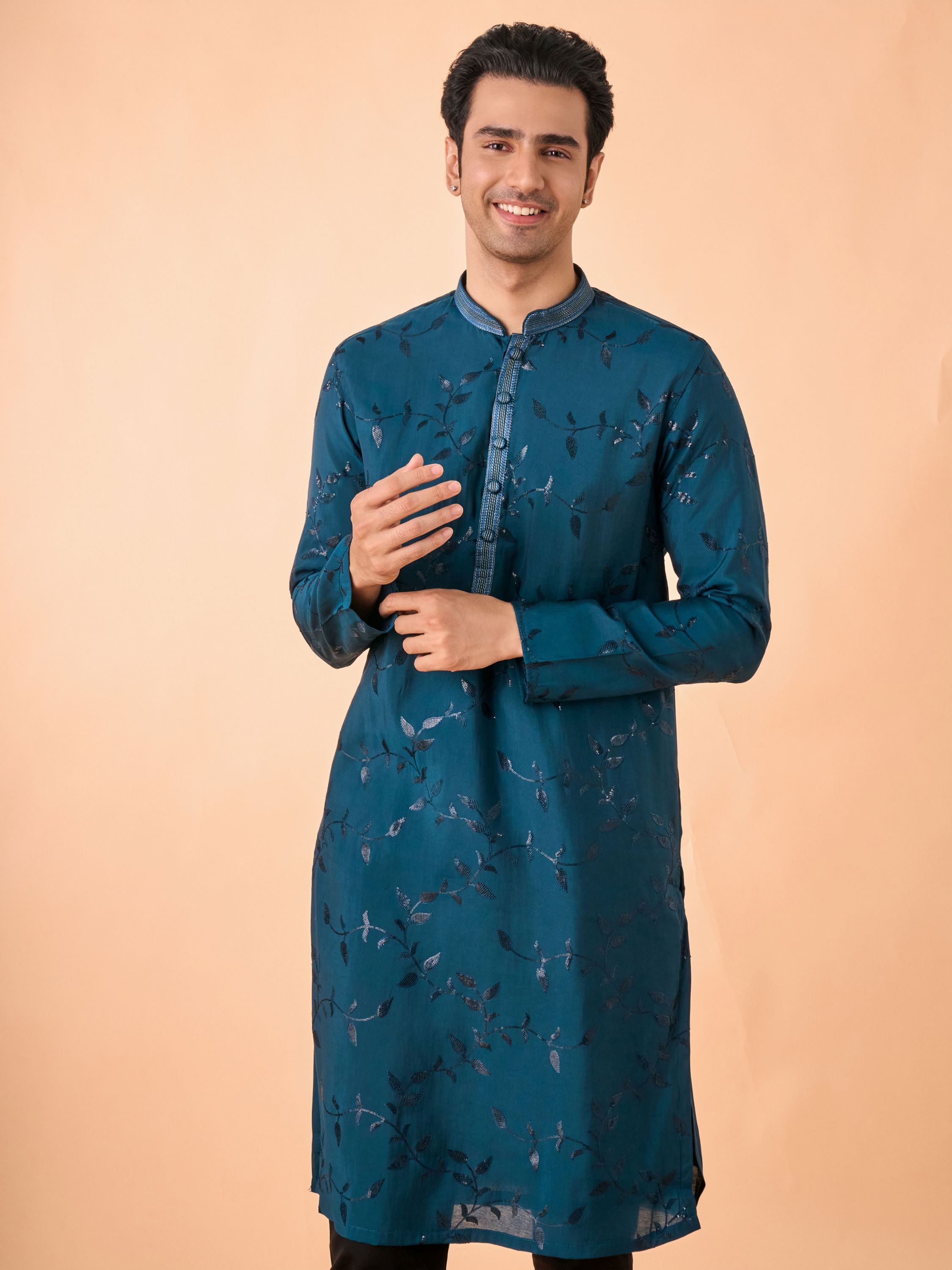 Manyavar Men Teal Blue Elegance Kurta Pajama
