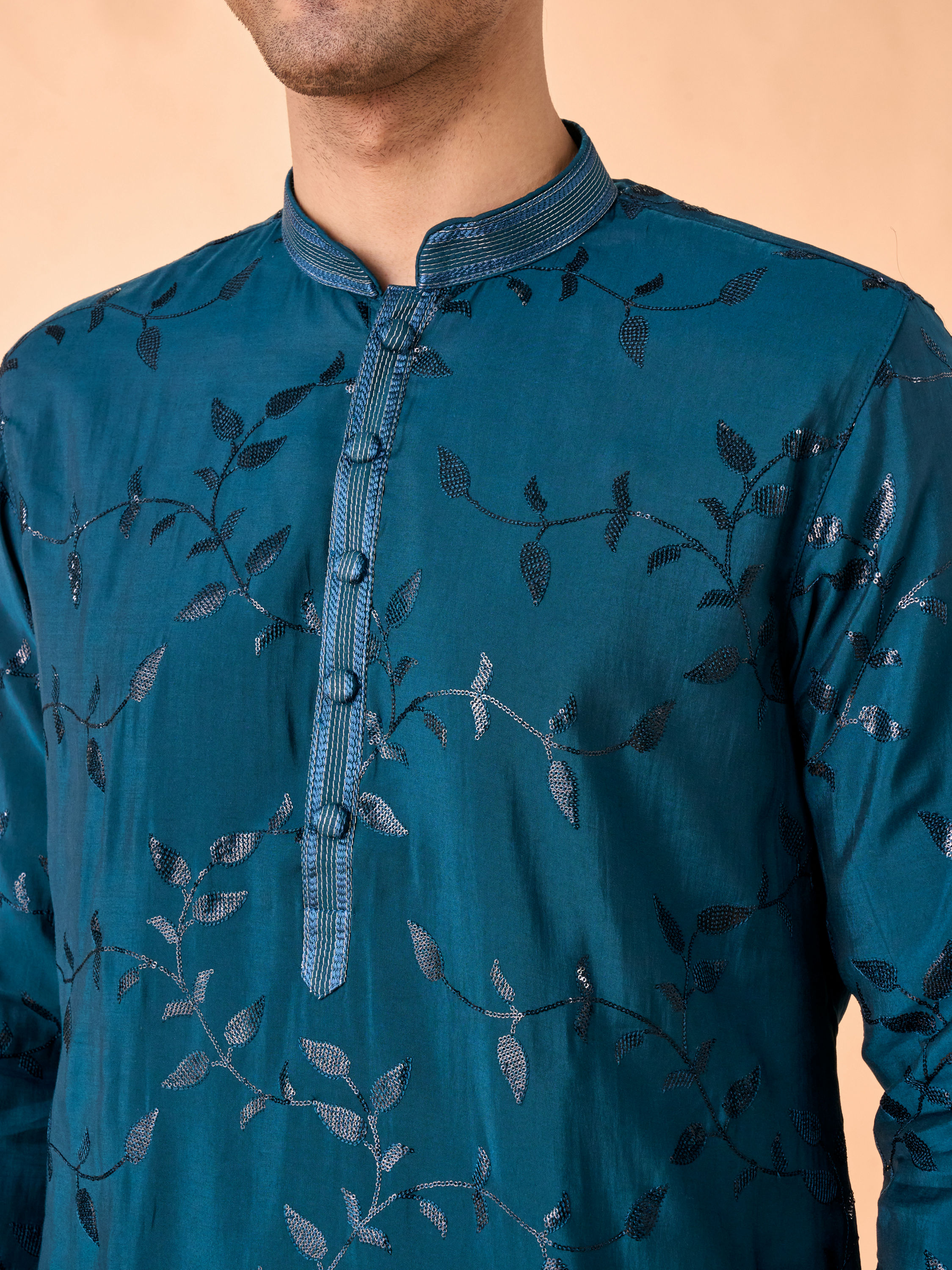 Manyavar Men Teal Blue Elegance Kurta Pajama