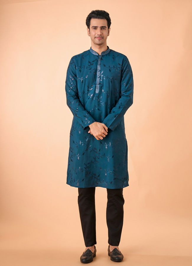 Manyavar Men Teal Blue Elegance Kurta Pajama