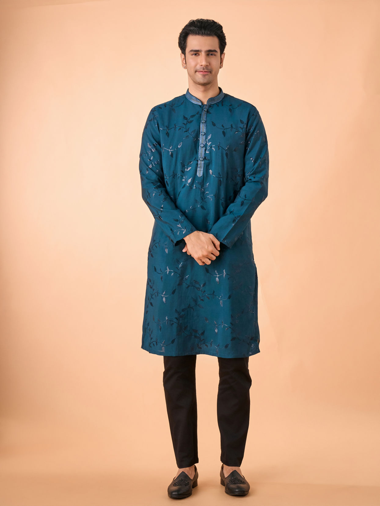 Manyavar Men Teal Blue Elegance Kurta Pajama