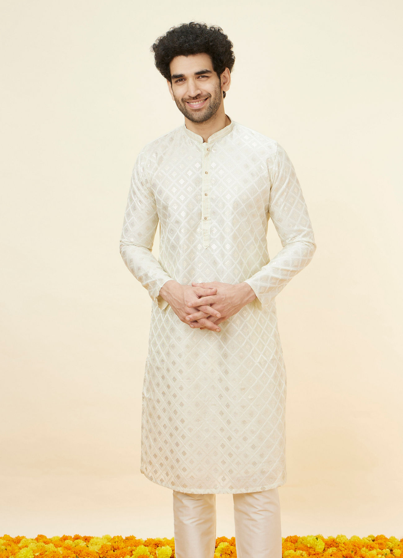 Manyavar Men Pastel Green Kolam Motif Kurta Set