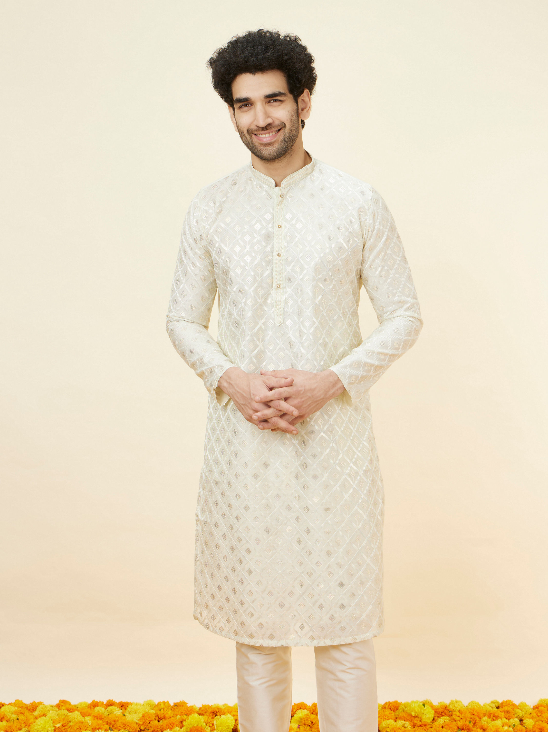 Manyavar Men Pastel Green Kolam Motif Kurta Set