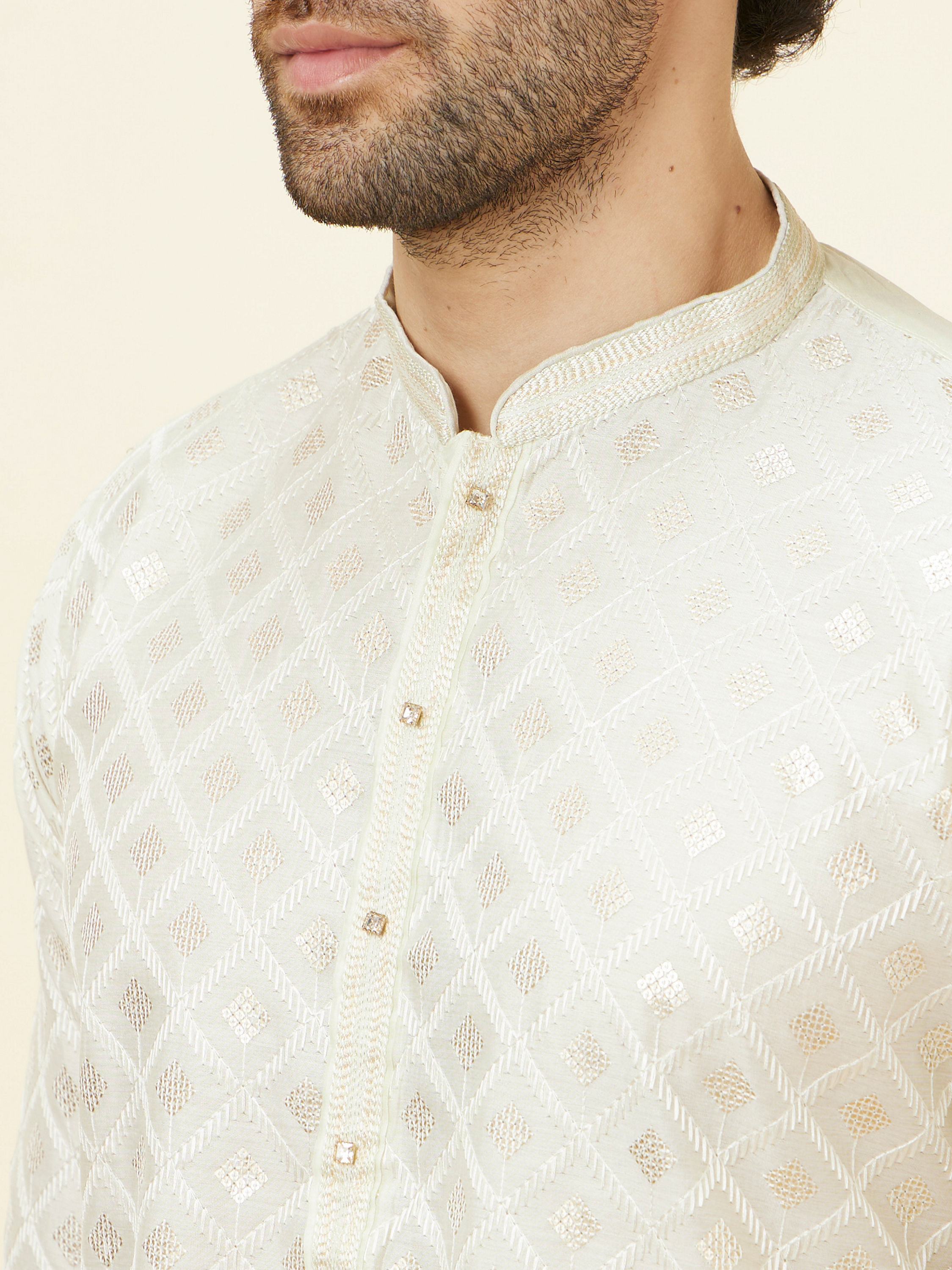 Manyavar Men Pastel Green Kolam Motif Kurta Set