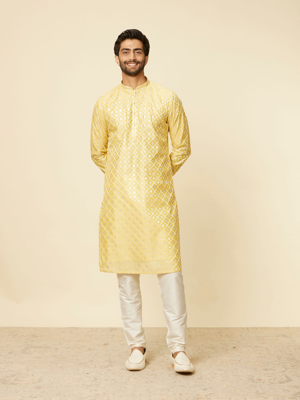 Manyavar Men Sunny Yellow Grid Patterned Kurta Set
