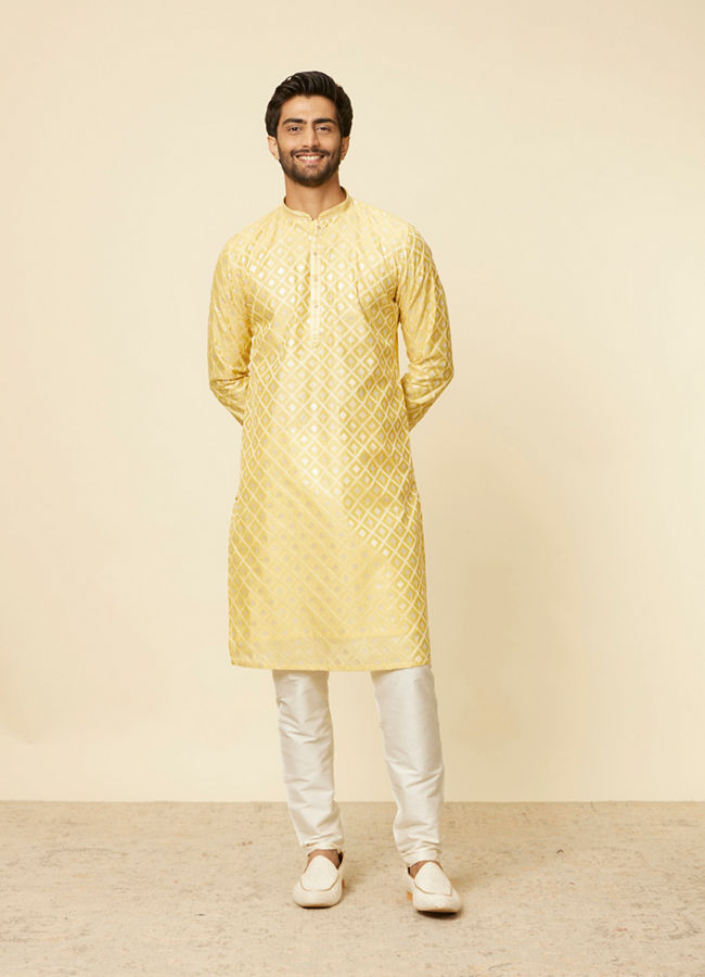 Manyavar Men Sunny Yellow Grid Patterned Kurta Set