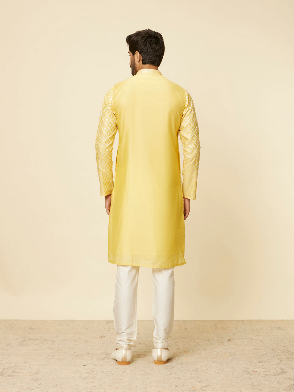 Manyavar Men Sunny Yellow Grid Patterned Kurta Set