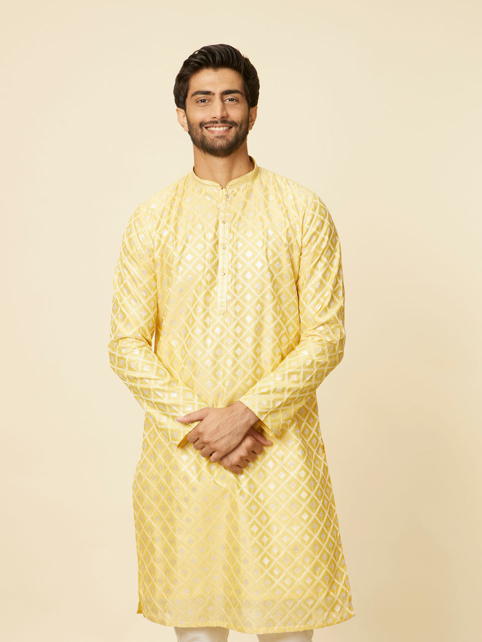 Manyavar Men Sunny Yellow Grid Patterned Kurta Set