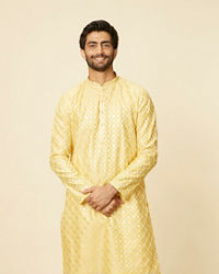 Manyavar Men Sunny Yellow Grid Patterned Kurta Set
