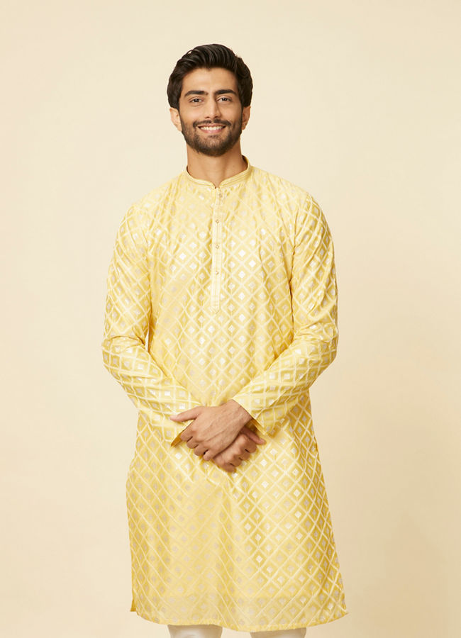 Manyavar Men Sunny Yellow Grid Patterned Kurta Set