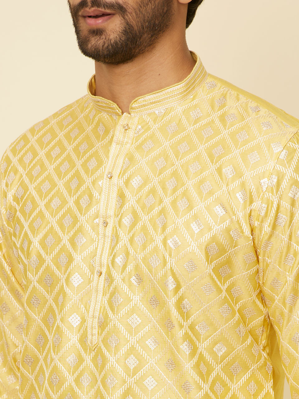 Manyavar Men Sunny Yellow Grid Patterned Kurta Set