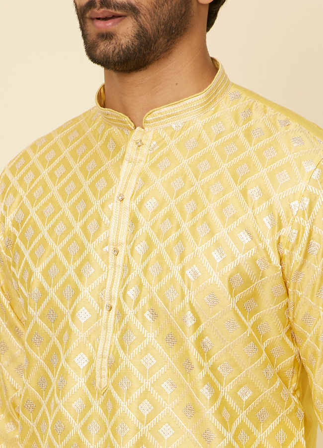 Manyavar Men Sunny Yellow Grid Patterned Kurta Set