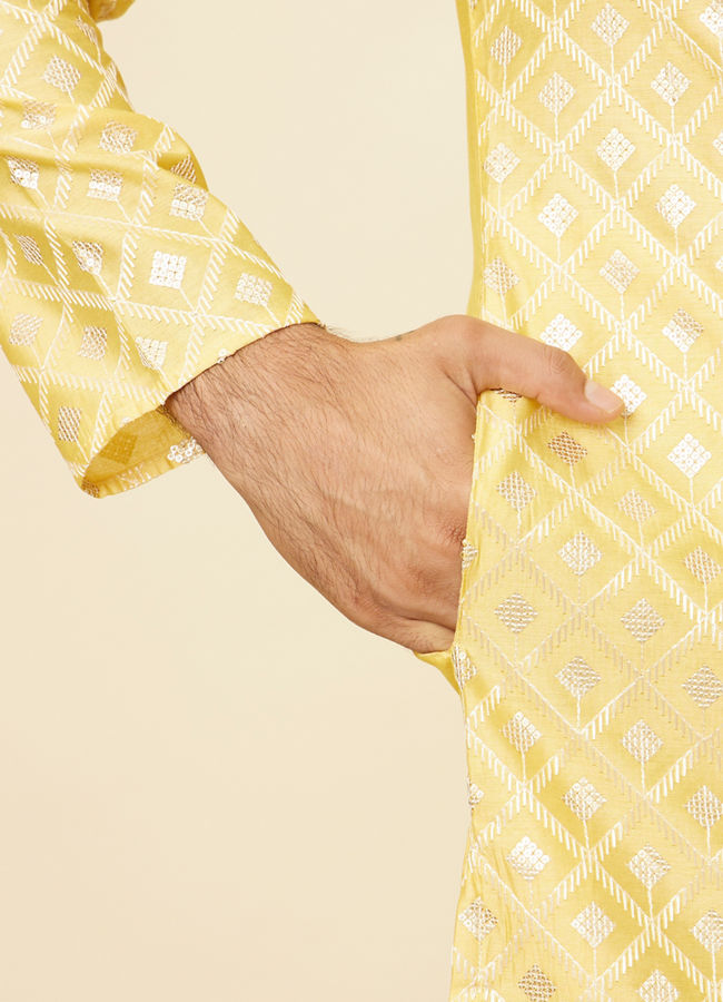 Manyavar Men Sunny Yellow Grid Patterned Kurta Set