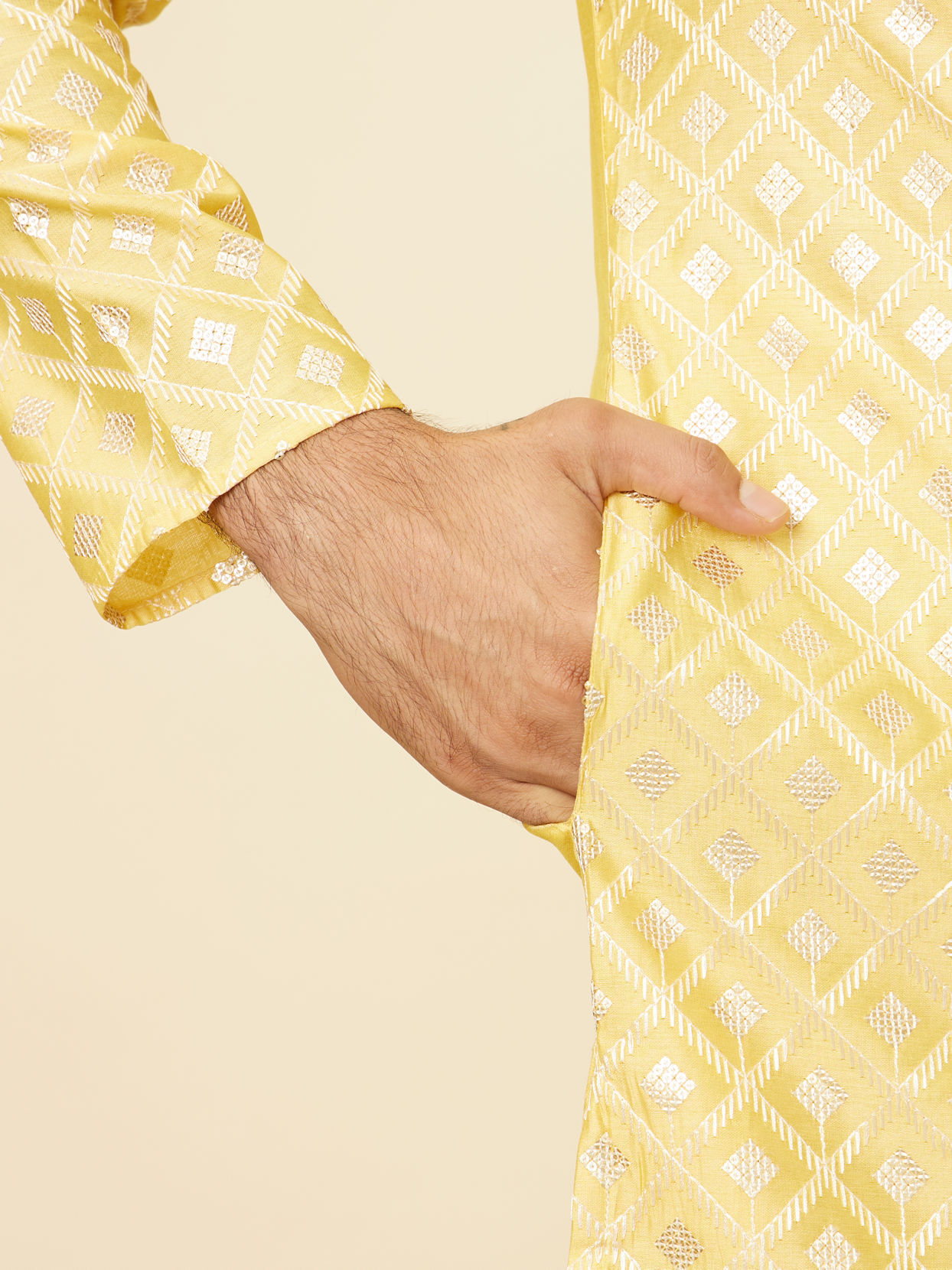 Manyavar Men Sunny Yellow Grid Patterned Kurta Set