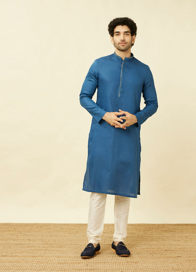 Manyavar Men Capri Blue Diamond Patterned Kurta Set