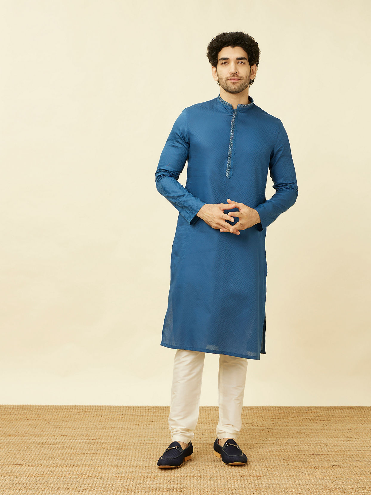 Manyavar Men Capri Blue Diamond Patterned Kurta Set