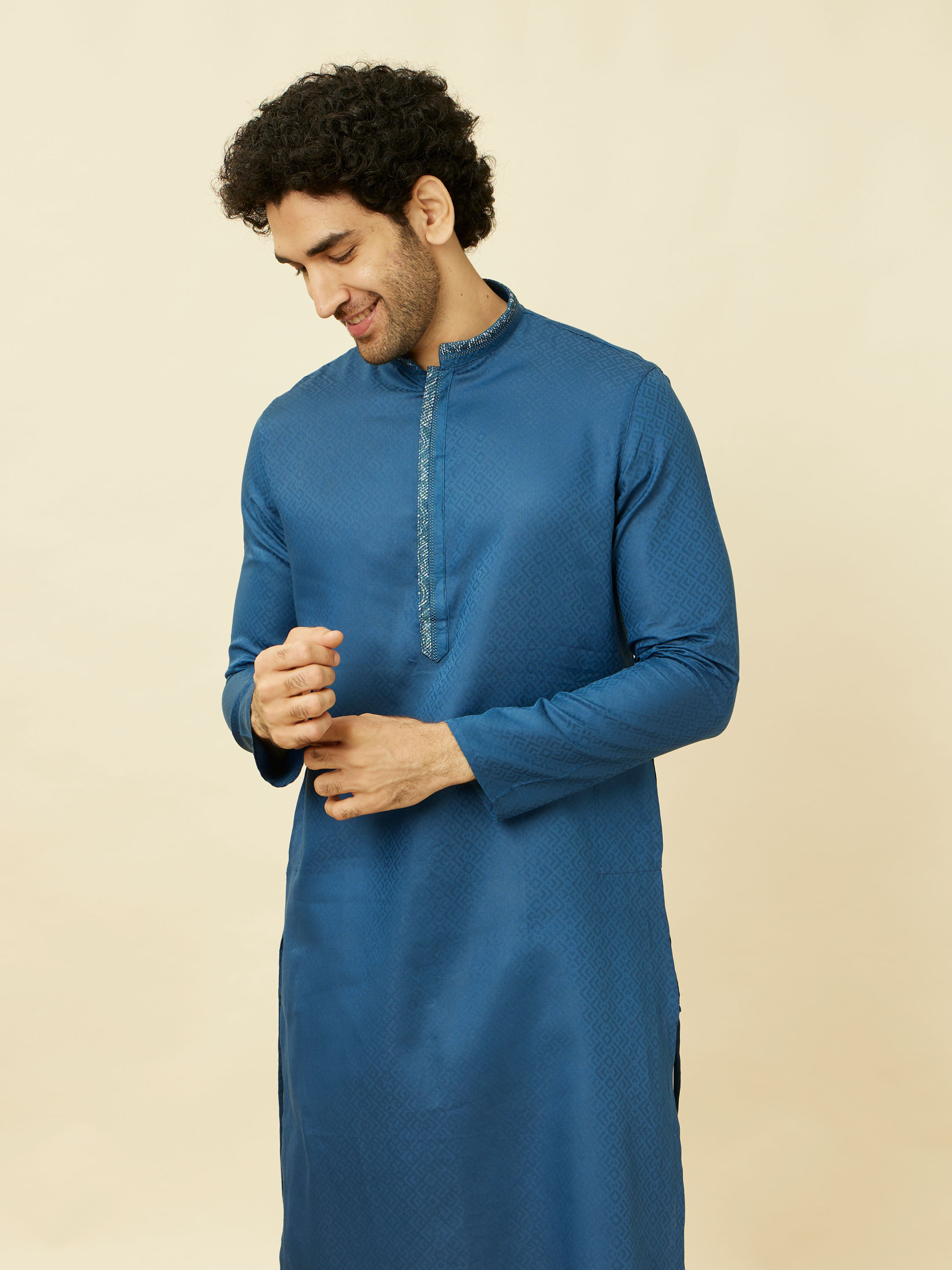 Manyavar Men Capri Blue Diamond Patterned Kurta Set