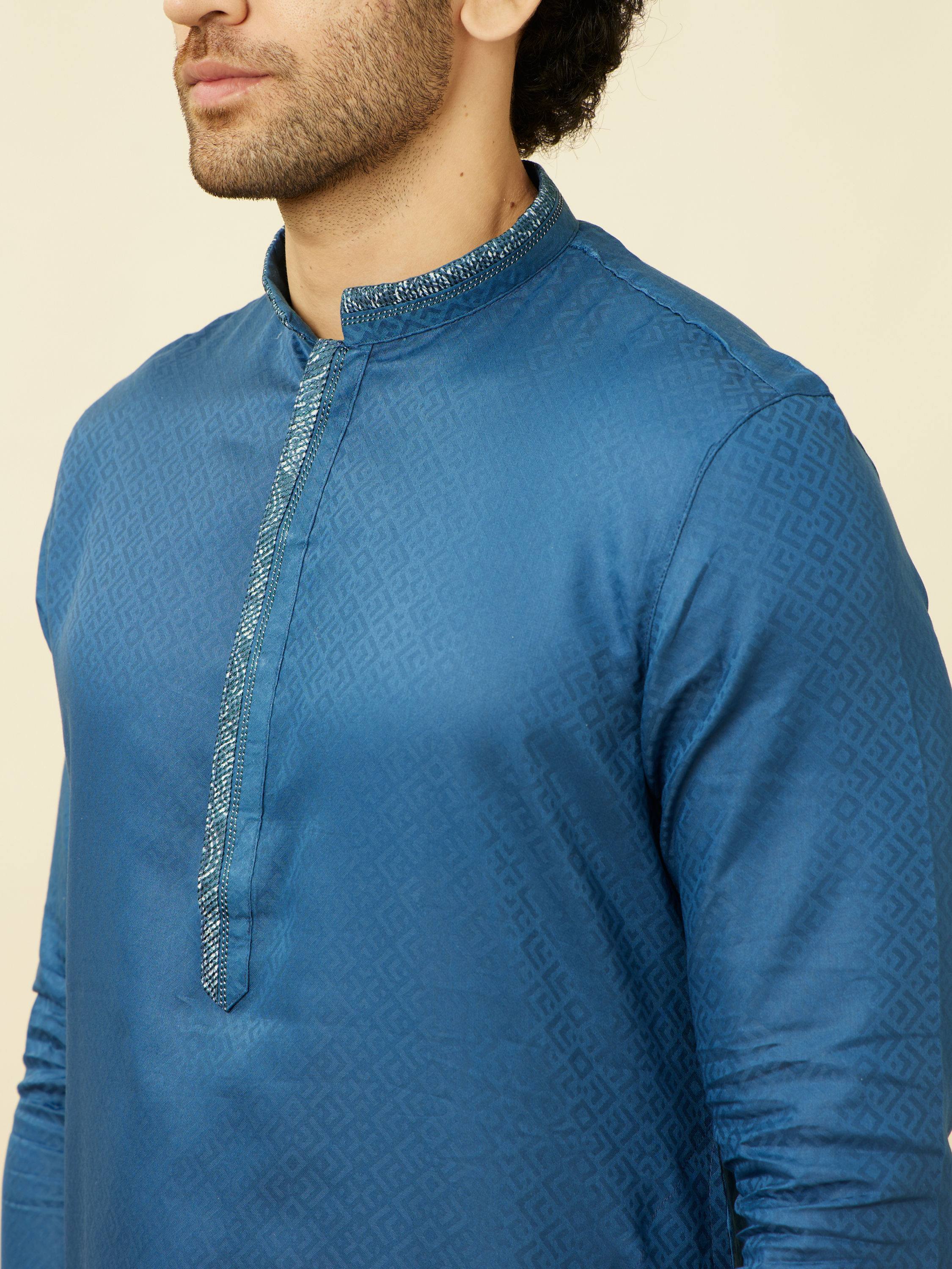 Manyavar Men Capri Blue Diamond Patterned Kurta Set