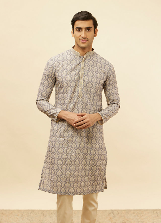 alt message - Manyavar Men Light Purple Jaal Printed Kurta Set image number 0