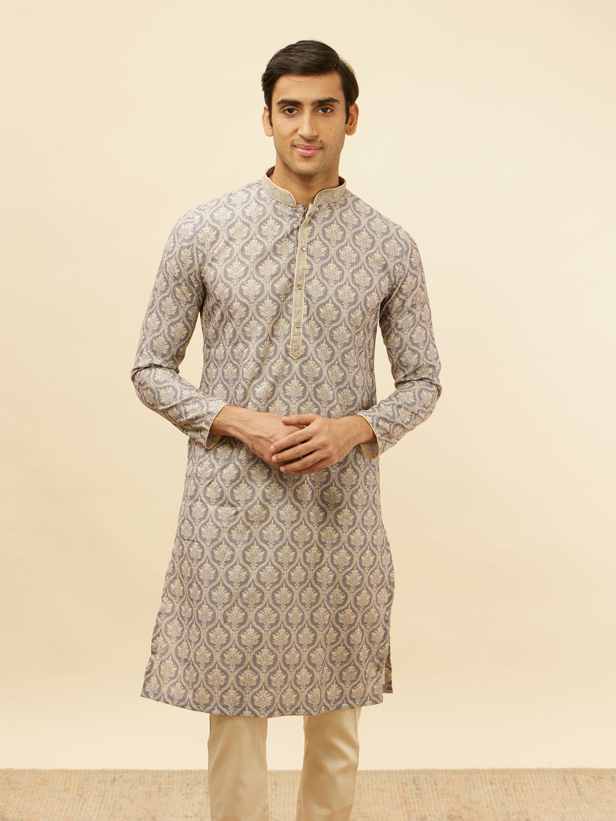 alt message - Manyavar Men Light Purple Jaal Printed Kurta Set image number 0