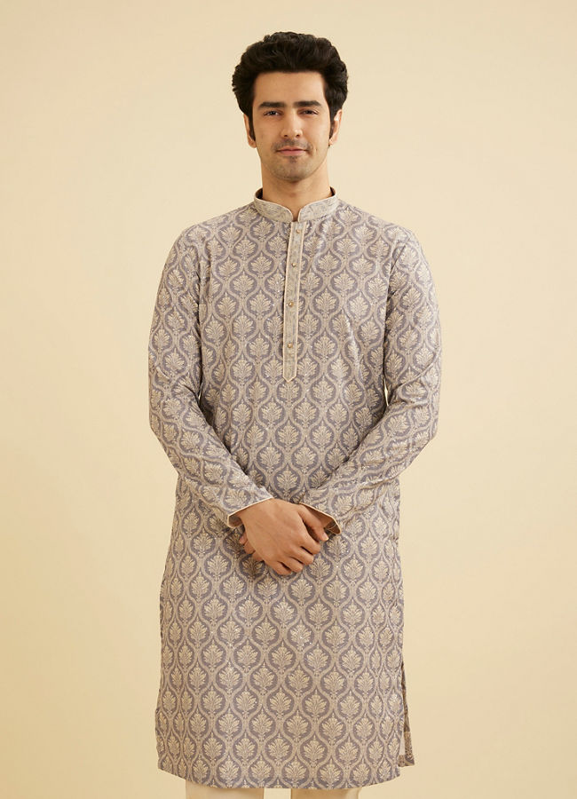 Manyavar Men Light Purple Jaal Printed Kurta Set image number 0