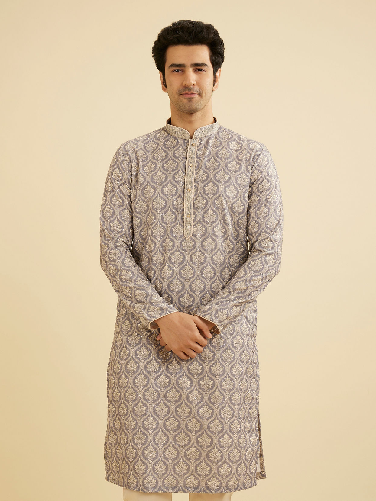 Manyavar Men Light Purple Jaal Printed Kurta Set image number 0