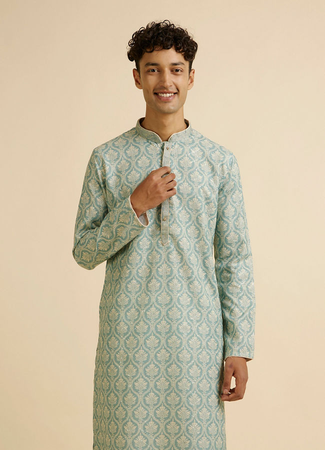 alt message - Manyavar Men Light Mid Green Medallion Patterned Kurta Set image number 0