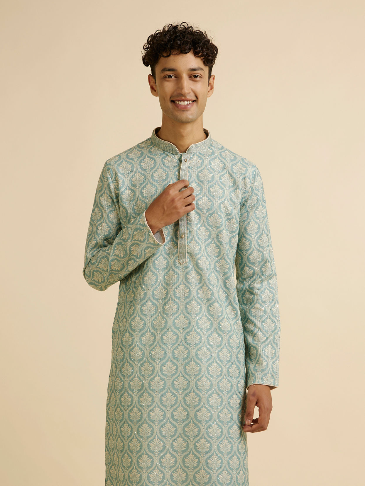 alt message - Manyavar Men Light Mid Green Medallion Patterned Kurta Set image number 0