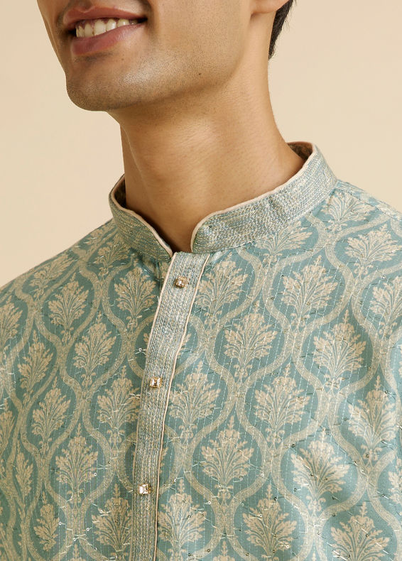 Manyavar Men Light Mid Green Medallion Patterned Kurta Set