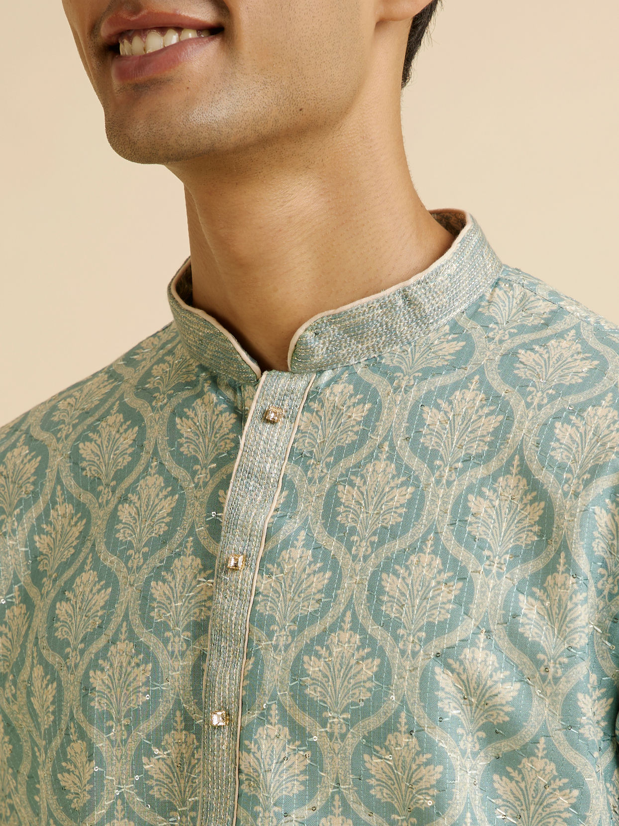 Manyavar Men Light Mid Green Medallion Patterned Kurta Set