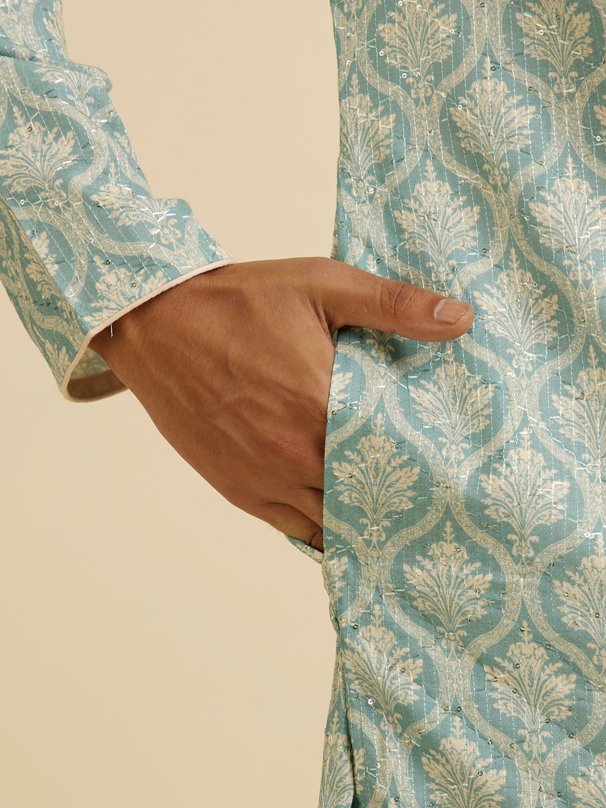 Manyavar Men Light Mid Green Medallion Patterned Kurta Set