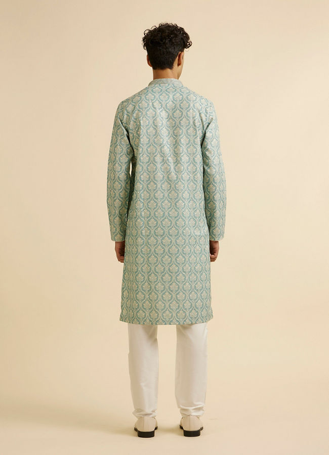 alt message - Manyavar Men Light Mid Green Medallion Patterned Kurta Set image number 4