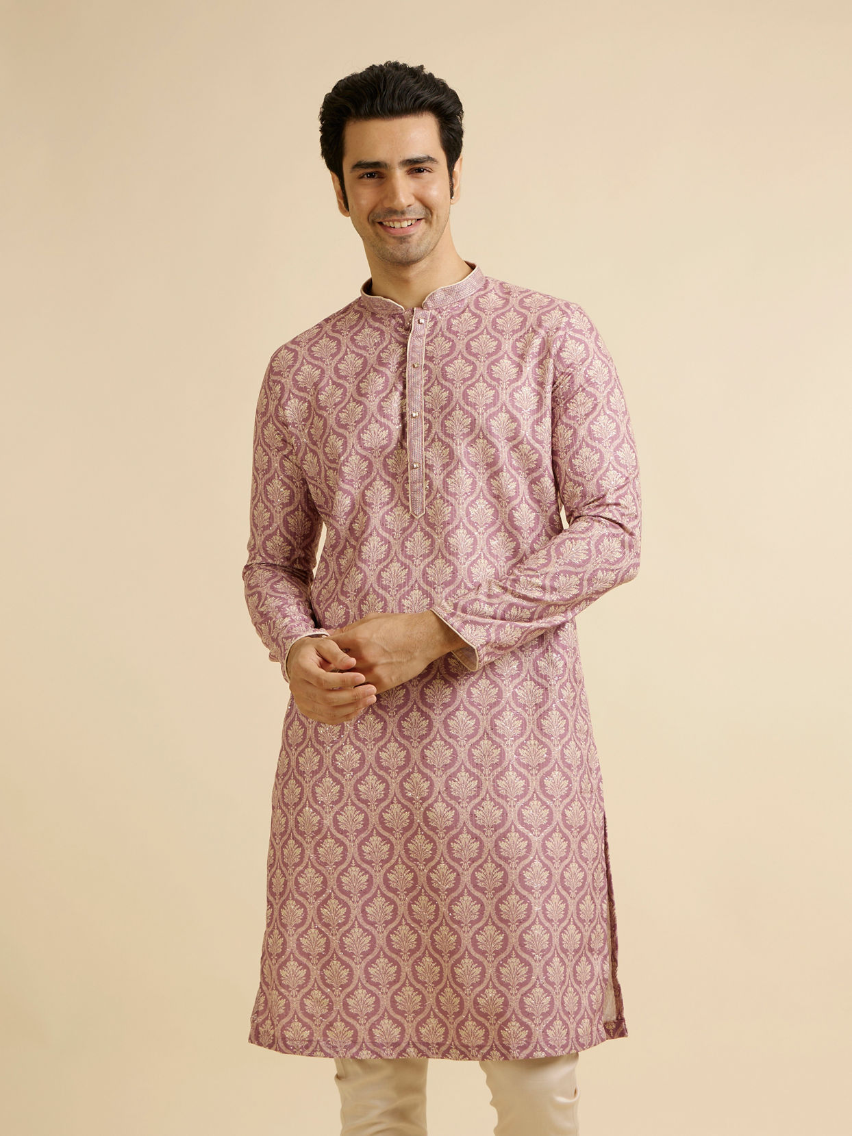 alt message - Manyavar Men Festive Dusty Pink Kurta Pajama image number 0