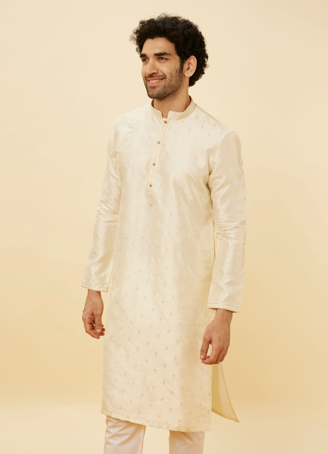 Manyavar Men Warm Cream Sequin Speckled Kurta Set