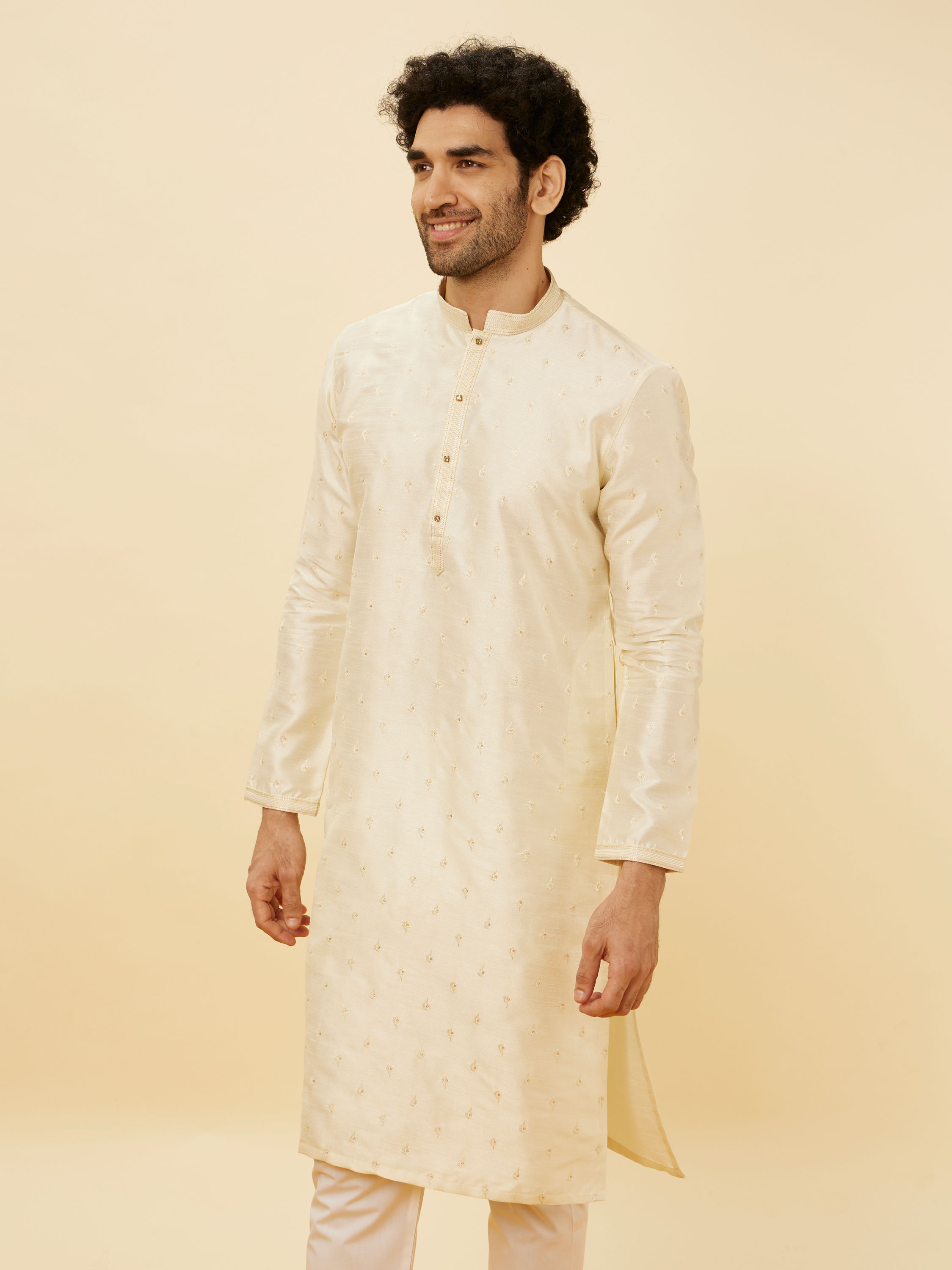 Manyavar Men Warm Cream Sequin Speckled Kurta Set