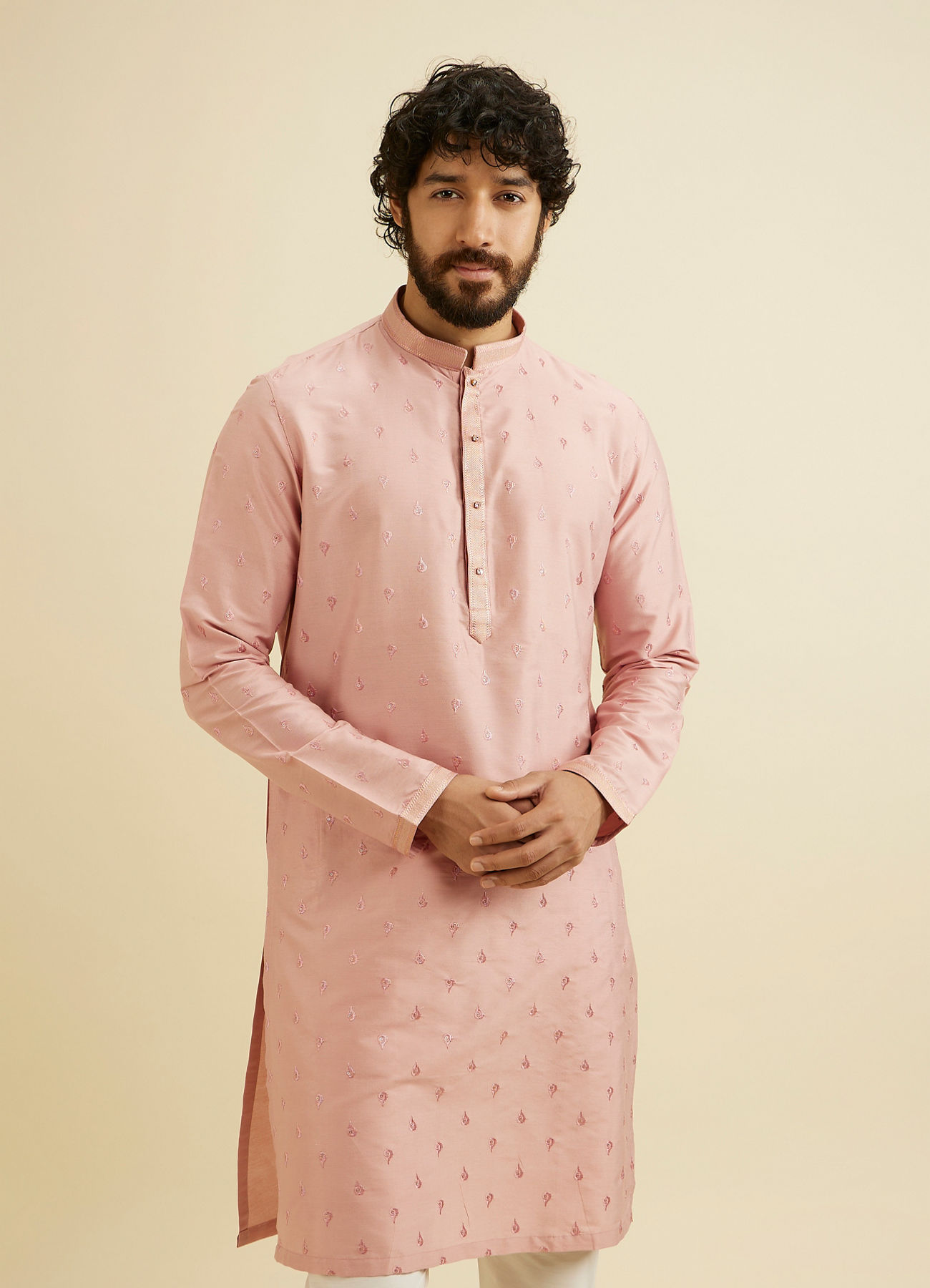 Manyavar Men Millenial Pink Ditsy Floral Printed Kurta Set