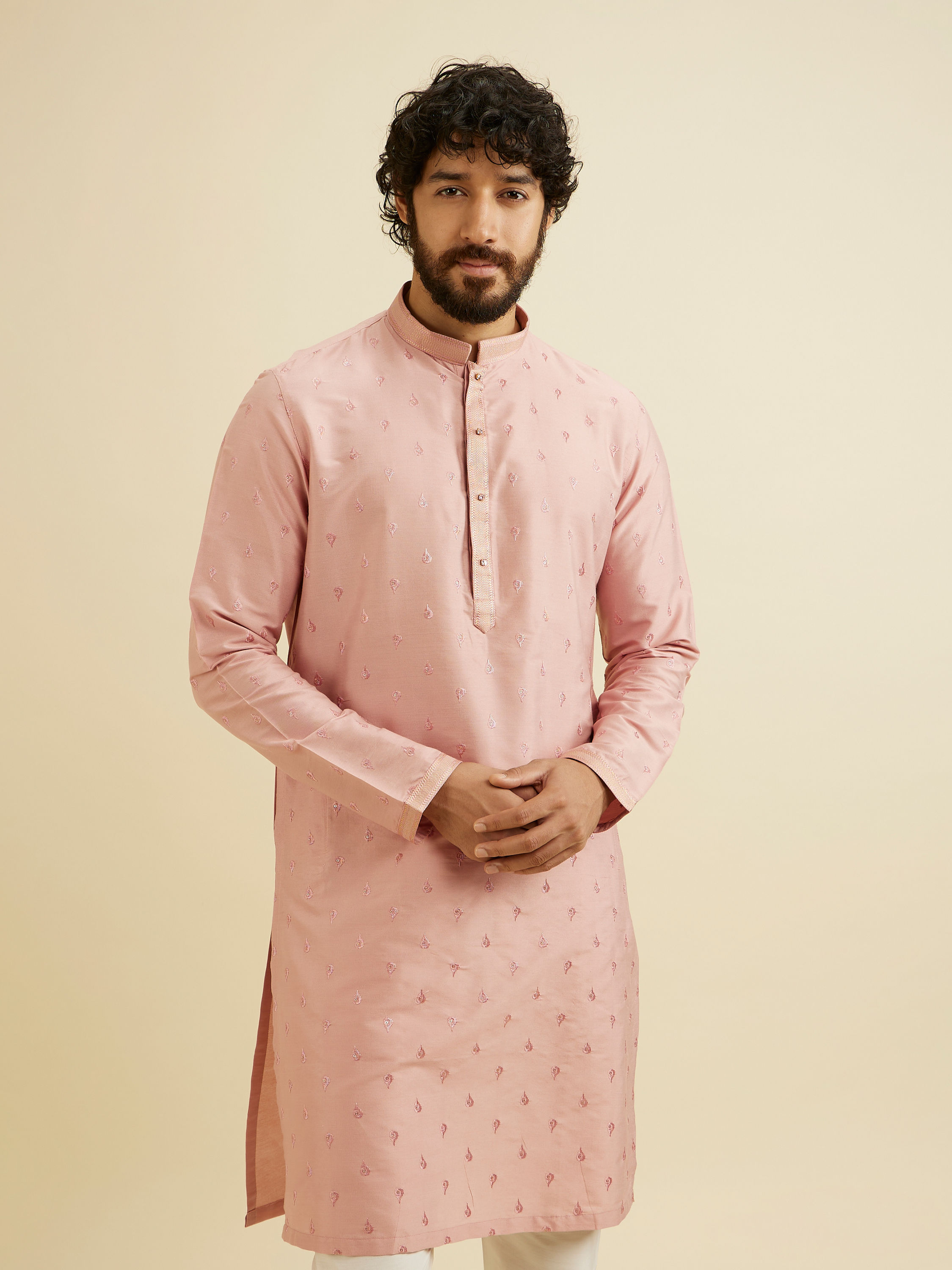 Manyavar Men Millenial Pink Ditsy Floral Printed Kurta Set