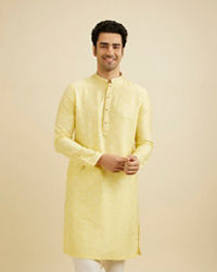 Manyavar Men Lemon Yellow Ditsy Floral Printed Kurta Set