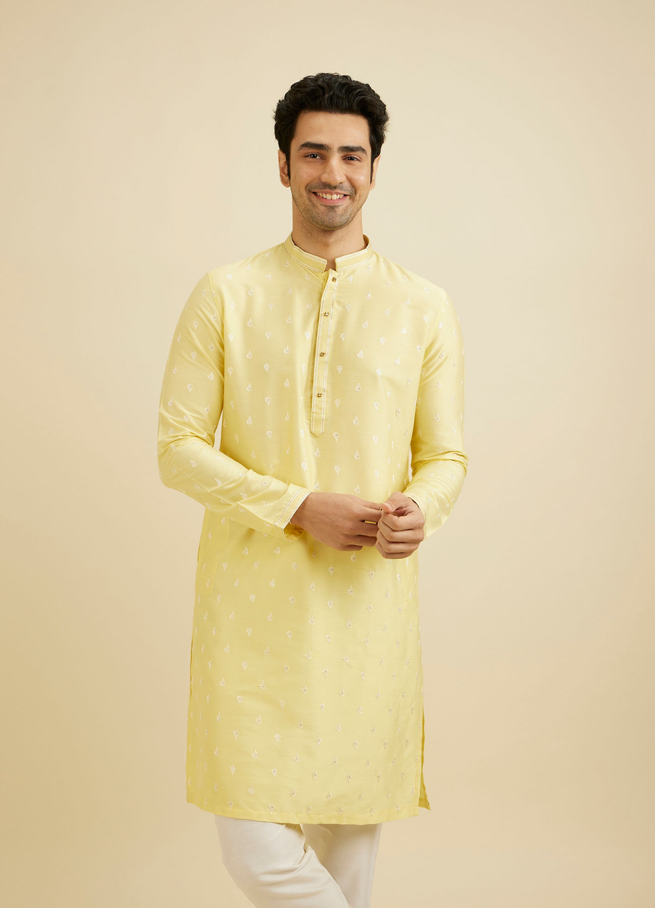 Manyavar Men Lemon Yellow Ditsy Floral Printed Kurta Set