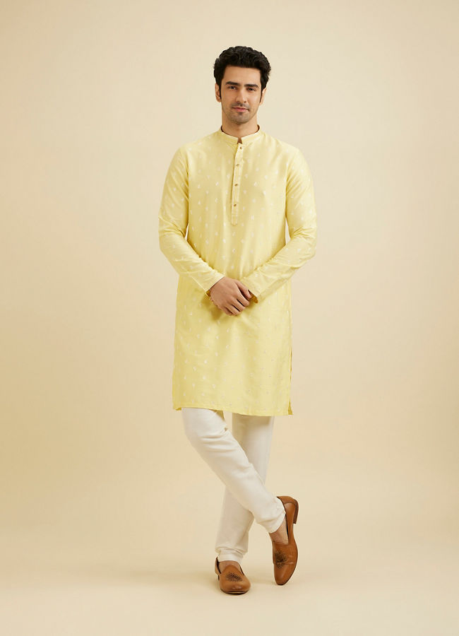 Manyavar Men Lemon Yellow Ditsy Floral Printed Kurta Set