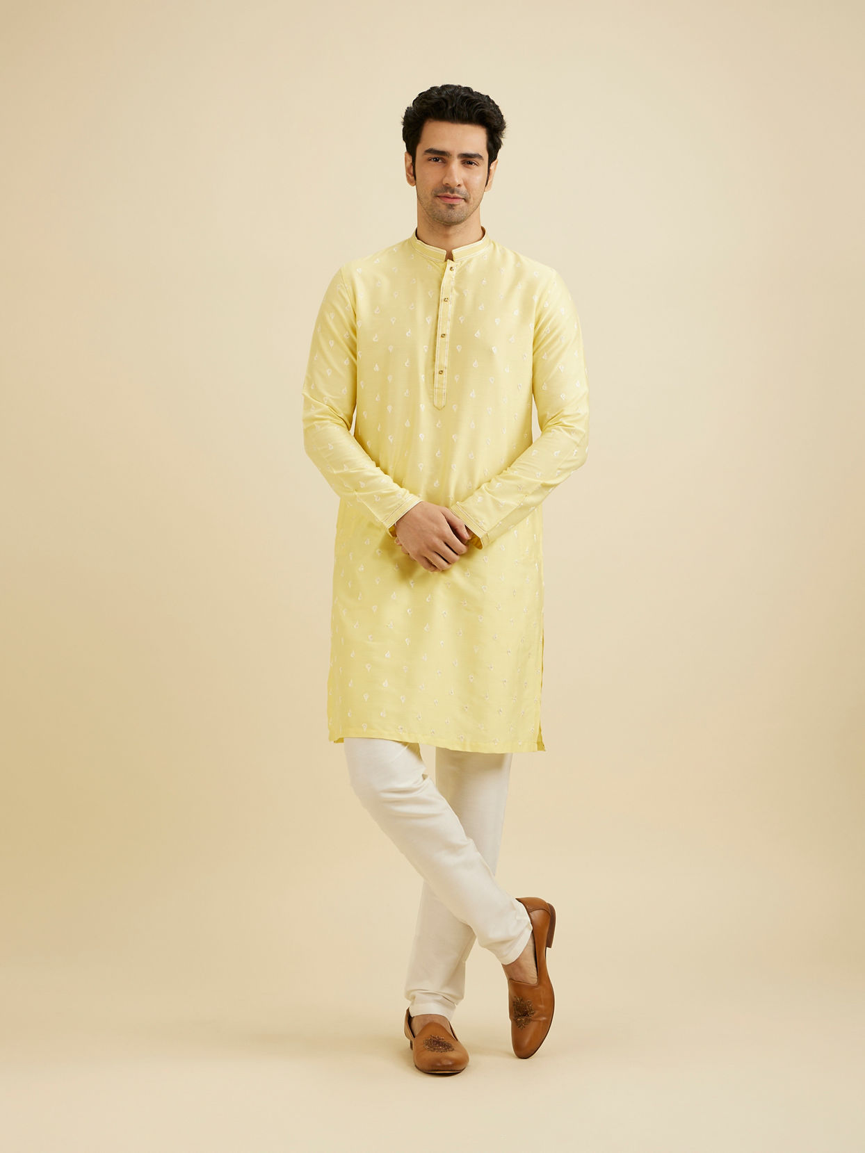 Manyavar Men Lemon Yellow Ditsy Floral Printed Kurta Set