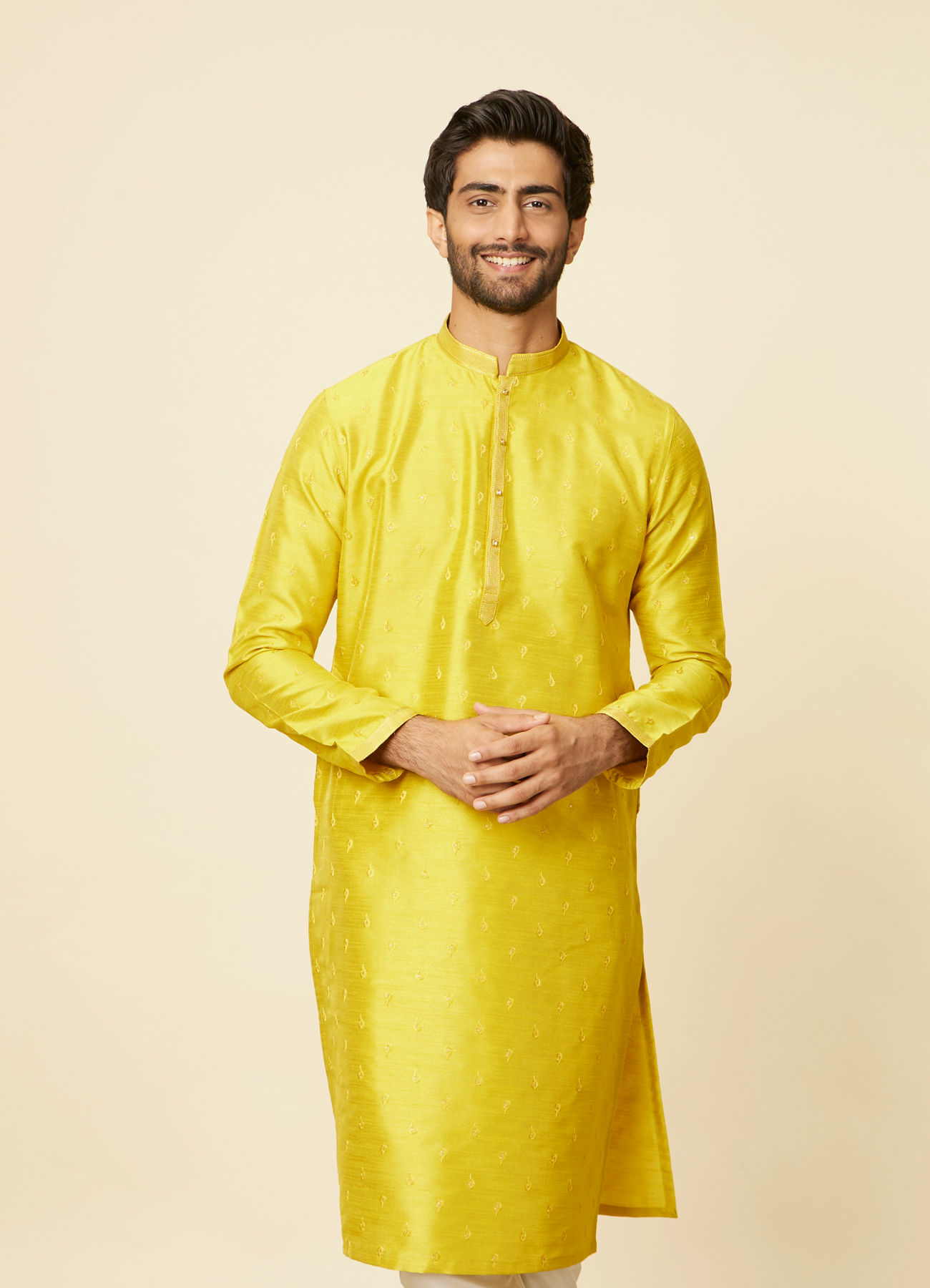 Manyavar Men Mustard Yellow Ditsy Floral Printed Kurta Set