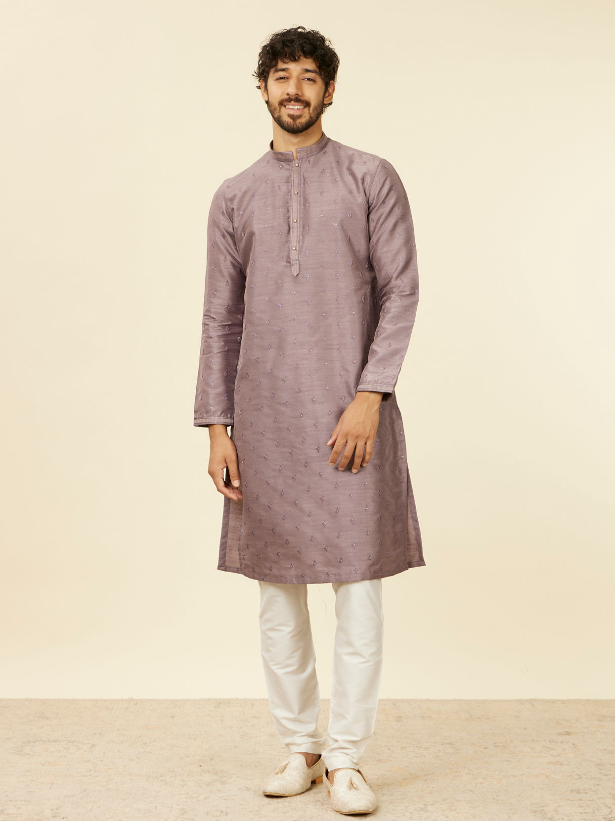 Manyavar Men Classic Lilac Floral Print Kurta Set