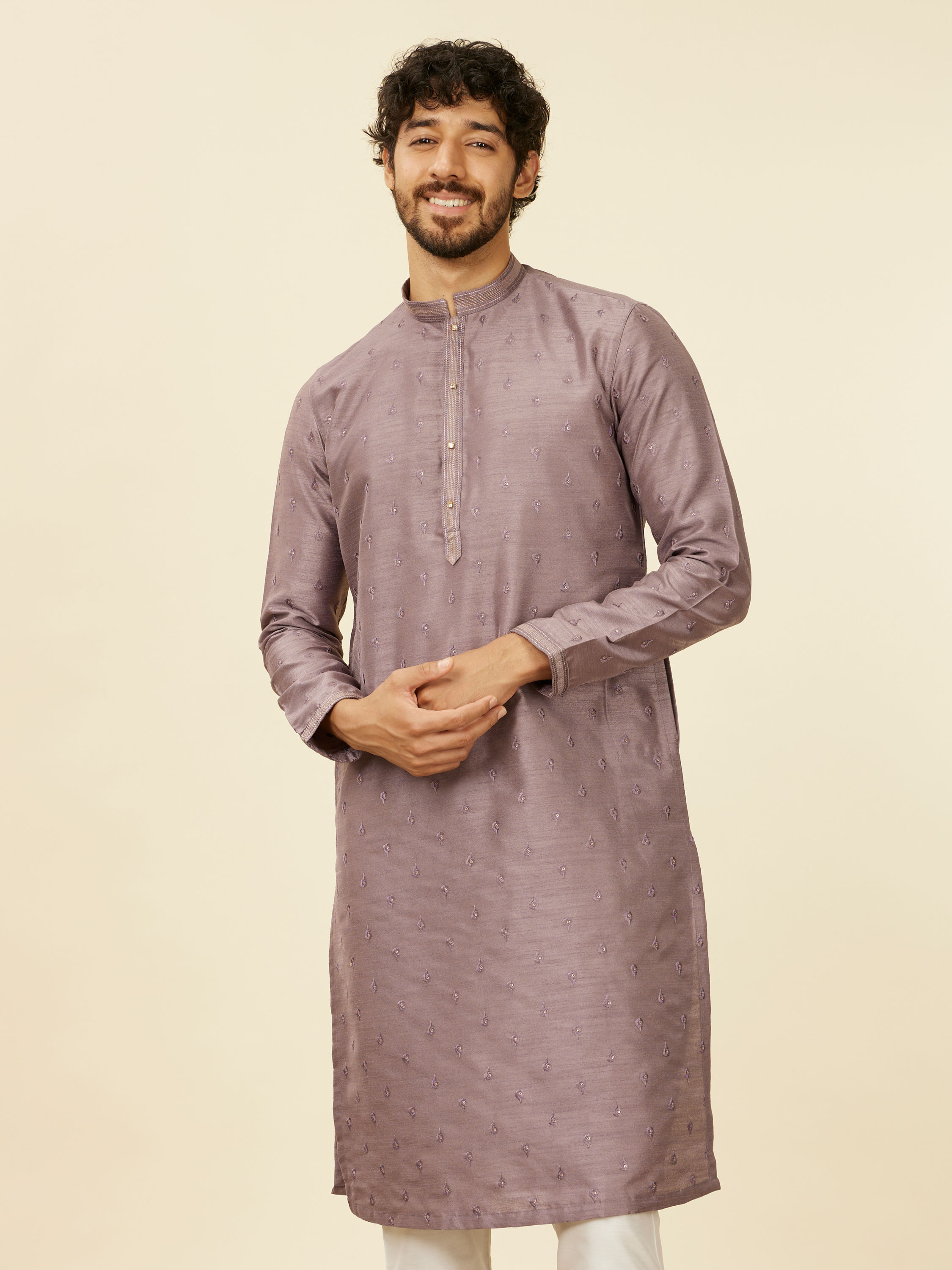 Manyavar Men Classic Lilac Floral Print Kurta Set