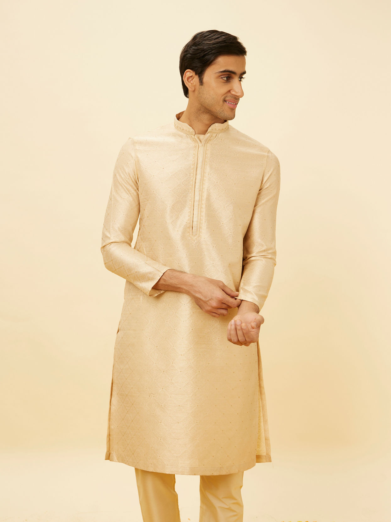 Manyavar Men Antique White Embroidered Placket Kurta Set