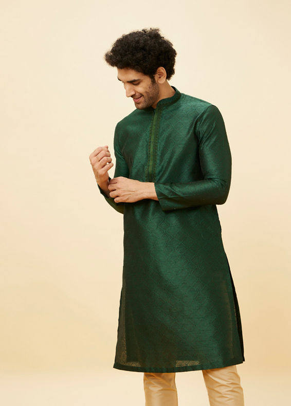 Manyavar Men Pine Green Embroidered Placket Kurta Set
