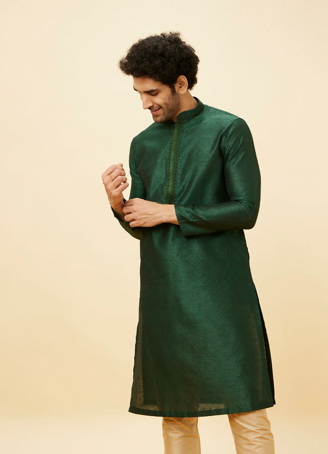 Manyavar Men Pine Green Embroidered Placket Kurta Set