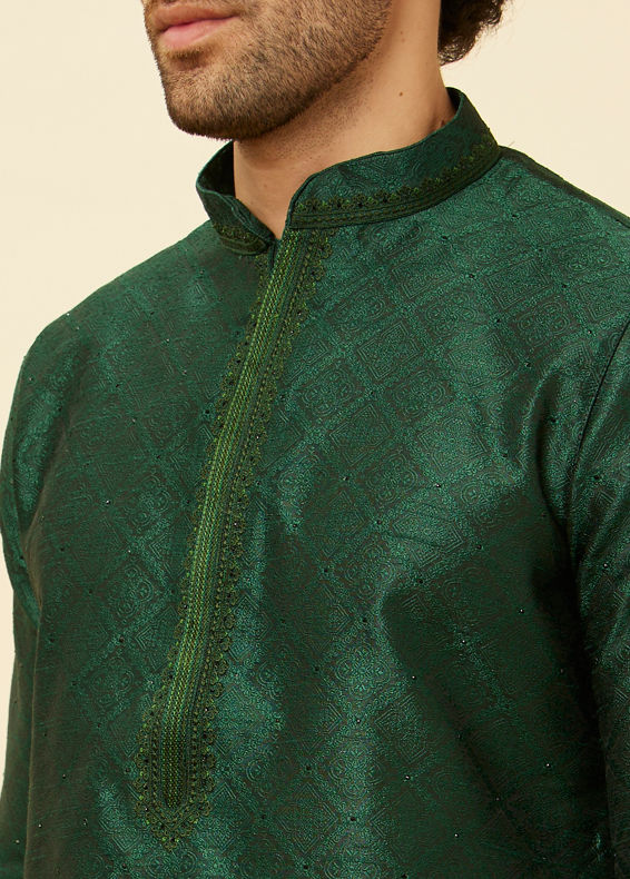 Manyavar Men Pine Green Embroidered Placket Kurta Set