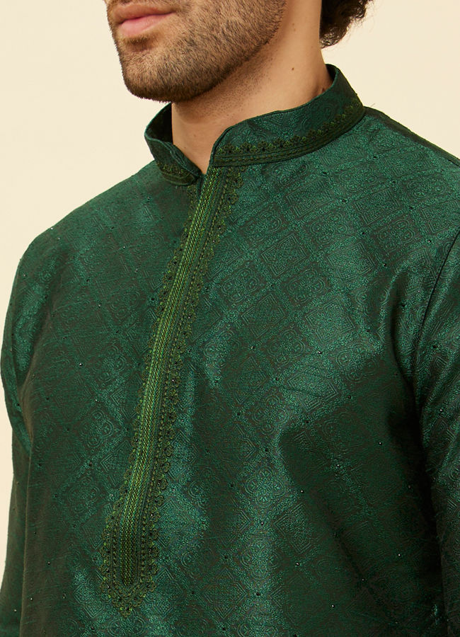 Manyavar Men Pine Green Embroidered Placket Kurta Set