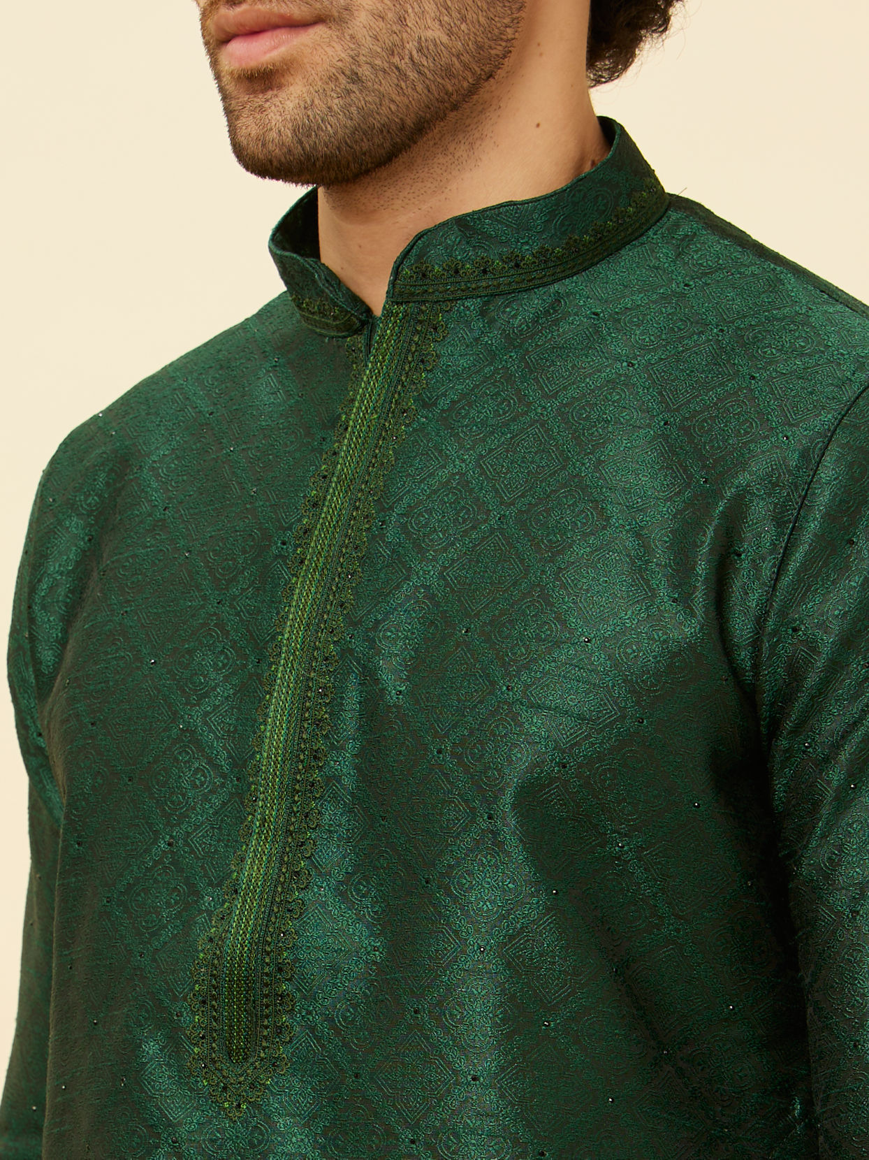 Manyavar Men Pine Green Embroidered Placket Kurta Set