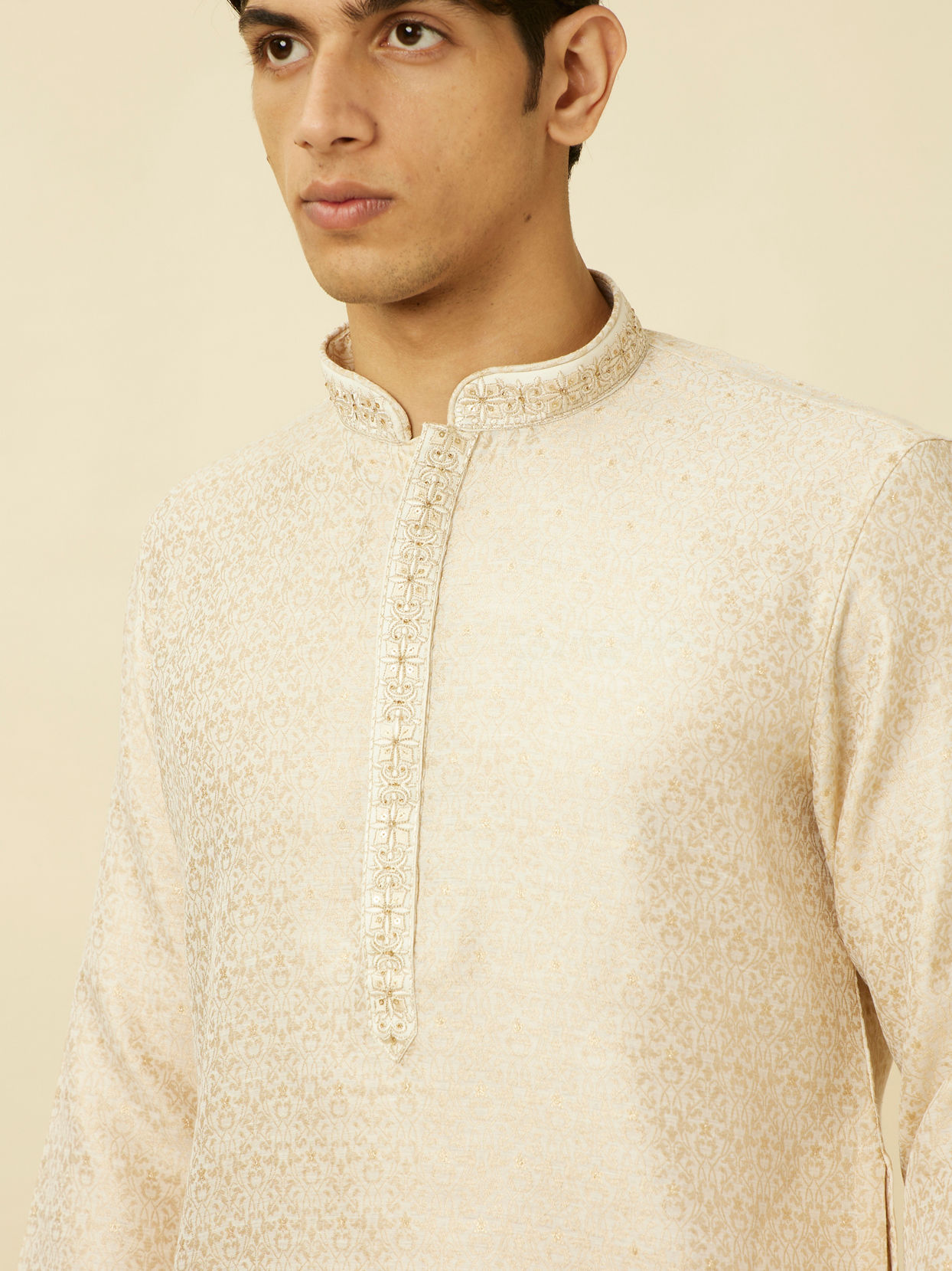 Manyavar Men Cloud Cream Imperial Printed Kurta Set